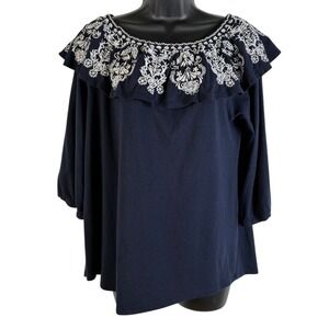 J Jill Navy Blue Embroidered Ruffle Off Shoulder Top Women's Size Med Boho Chic